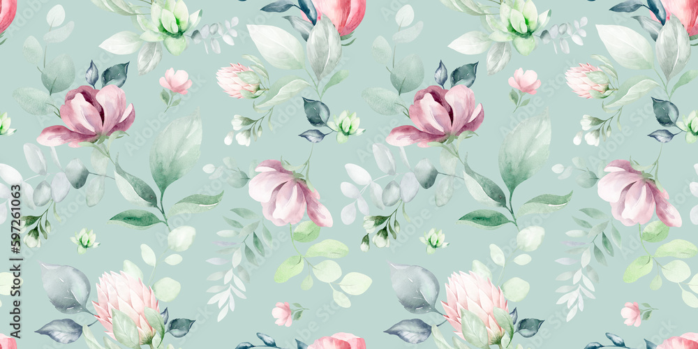 seamless floral watercolor pattern with garden pink flowers, leaves, branches. Botanical tiles, background. Protea, eucalyptus, peony, rose.