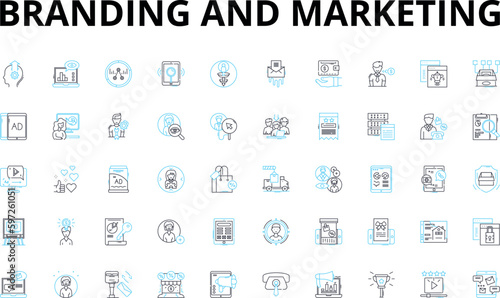 Branding and marketing linear icons set. Identity, Perception, Logo, Advertising, Positioning, Targeting, Authenticity vector symbols and line concept signs. Generative AI