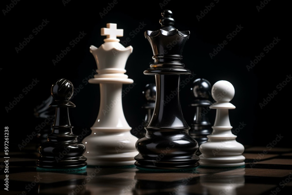 Chess game on black background: white queen and black pawn. 3D render. Generative AI