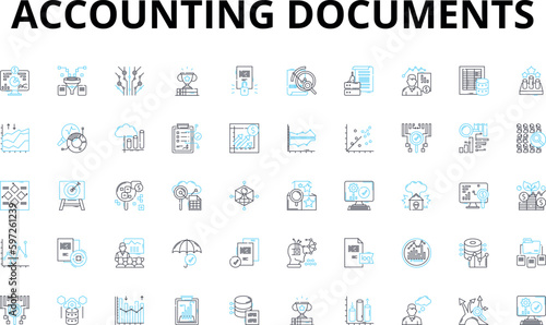 Accounting documents linear icons set. Ledger, Journal, Balance sheet, Income statement, Cash flow statement, Tax return, Invoice vector symbols and line concept signs. Generative AI