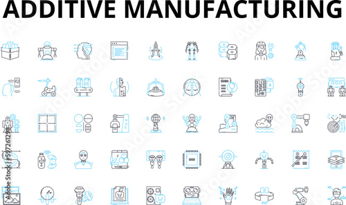 Additive manufacturing linear icons set. D printing, Layering, Polymerization, Filament, Resin, Laser, Retraction vector symbols and line concept signs. Extrusion,Sintering,Rapid Generative AI