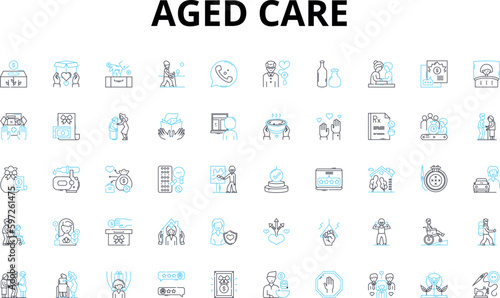Aged care linear icons set. Elderly, Retirement, Nursing, Assistance, Health, Comfort, Support vector symbols and line concept signs. Seniority,Compassion,Rehab illustration Generative AI