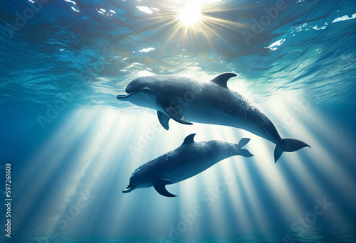 Two dolphins swim in the sea in the sun. AI Generated © iiulia