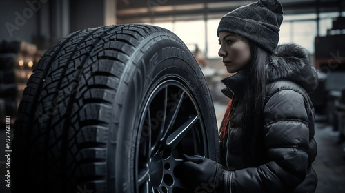 women Mechanic holding a tire tire at the repair garage. replacement of winter and summer tires, generative ai