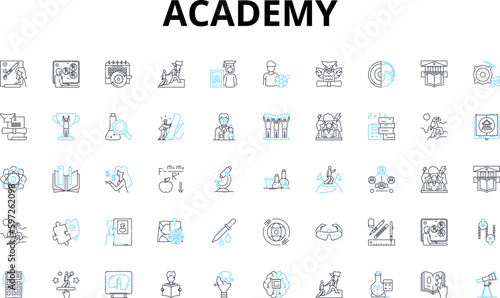 Academy linear icons set. Education, Learning, Schooling, Institution, Classroom, Instruction, Curriculum vector symbols and line concept signs. Training,Teaching,Study illustration Generative AI
