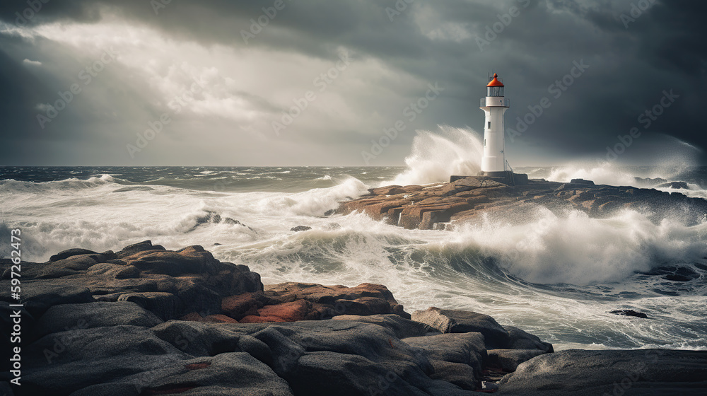 Lighthouse In Stormy Landscape, Generative ai