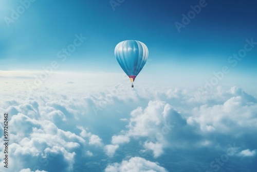 Balloon flying over clouds on blue background. Generative AI