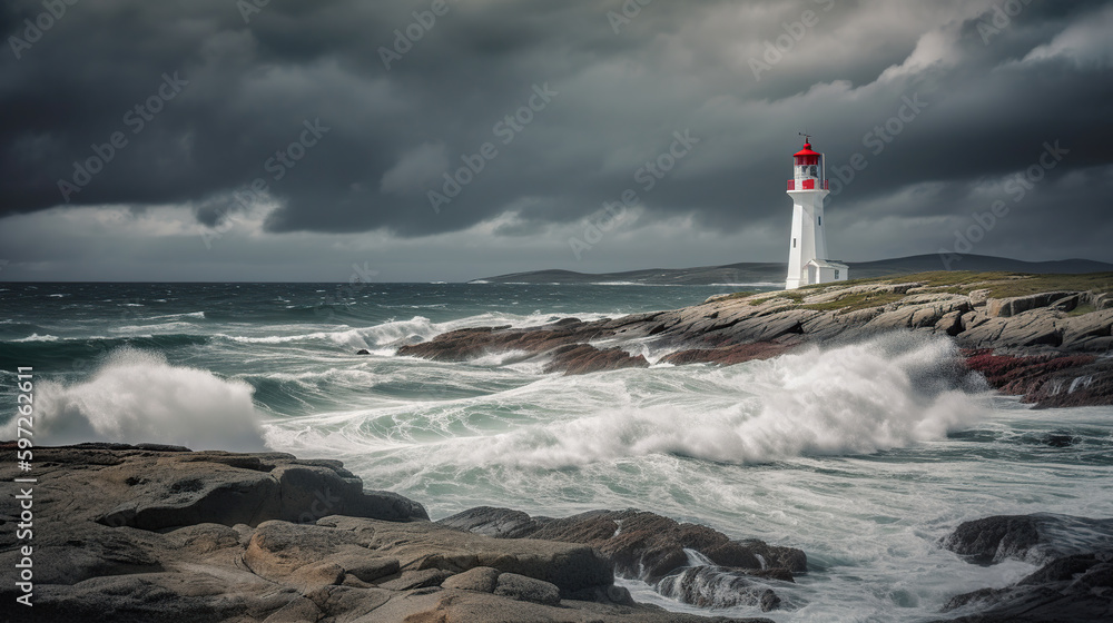 Lighthouse In Stormy Landscape, Generative ai