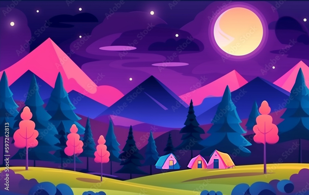 Camping and tent in mountains at night. cartoon illustration. Generative AI Camping and tent in mountains at night. cartoon illustration. Generative AI
