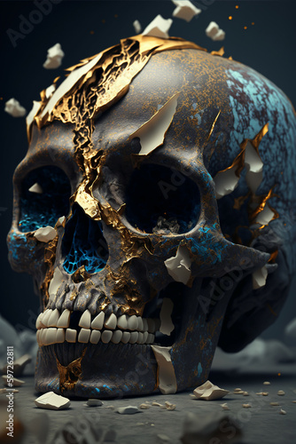 handcarved skull with gold filagree, marble and jasper material, Generative AI