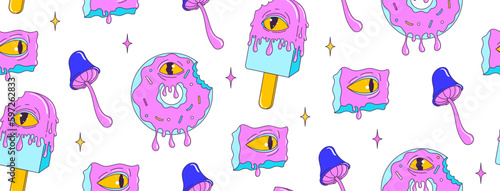 Psychedelic seamless pattern with weird cartoon dessert character and elements. Ice cream, donut, trippy eyes, mushroom. Contemporary trendy vector illustration.