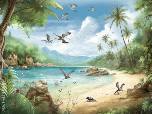 Ein Strandpanorama, das mit Tieren versehen ist, vermittelt ein Gefühl von tropischem Abenteuer bei klarem blauem Himmel. Generative AI, 