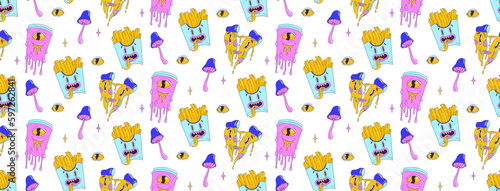 Psychedelic seamless pattern with weird cartoon fast food character and elements. Pizza, french fries, soda. Contemporary trendy vector illustration.