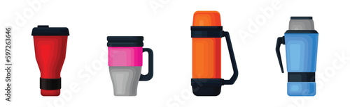 Thermos Bottle or Vacuum Flask as Vessel for Liquid Storage Vector Set
