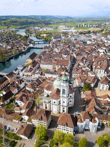 Obraz na płótnie Aerial views of the old town of Solothurn city with St. Ursus Cathedral - a Swiss heritage site of national significance - in the center. w salonie