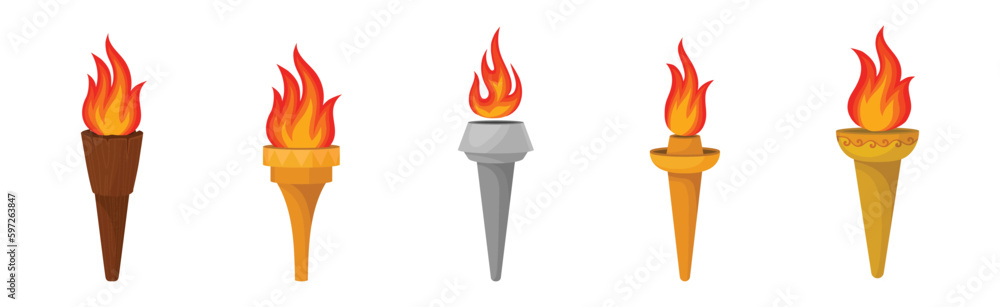 Torch with Brightly Burning Fire on Top as Ignited Light Source Vector Set Torch with Brightly Burning Fire on Top as Ignited Light Source Vector Set