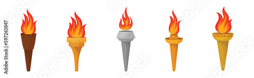 Torch with Brightly Burning Fire on Top as Ignited Light Source Vector Set
