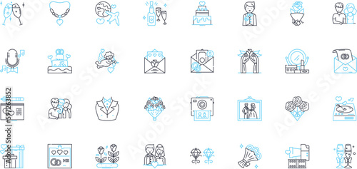 Nuptials linear icons set. Wedding, Ceremony, Marriage, Bridal, Groom, Love, Vows line vector and concept signs. Bride,Rings,Commitment outline illustrations Generative AI