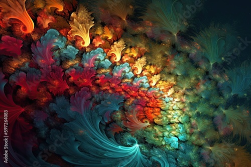 The composition is dynamic and multi-layered, with fractal shapes intersecting and overlapping in a way that is both chaotic and symmetrical. Abstract fractals painting. AI-generated
