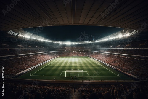 Interior view of a lit soccer stadium for a match. Generative AI