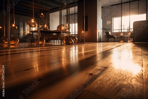 A light and luminous wooden flooring with striking reflections that shine throughout the space. Generative AI
