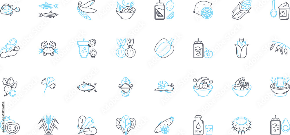 Charming cuisine linear icons set. Delectable, Flavorful, Savory, Tasty, Mouthwatering, Scrumptious, Appetizing line vector and concept signs. Gourmet,Exquisite,Delicious outline Generative AI