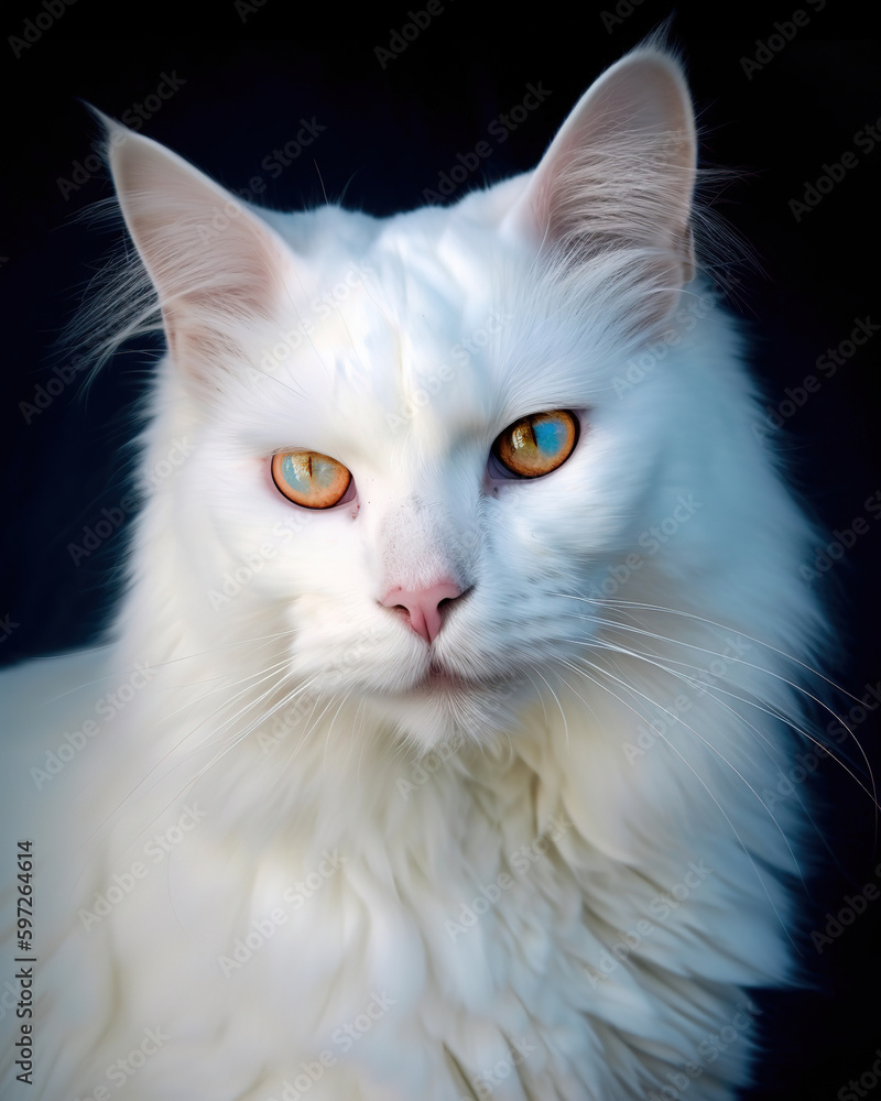 white cat with yellow eyes on a blue background, portrait, maine coon, generative ai