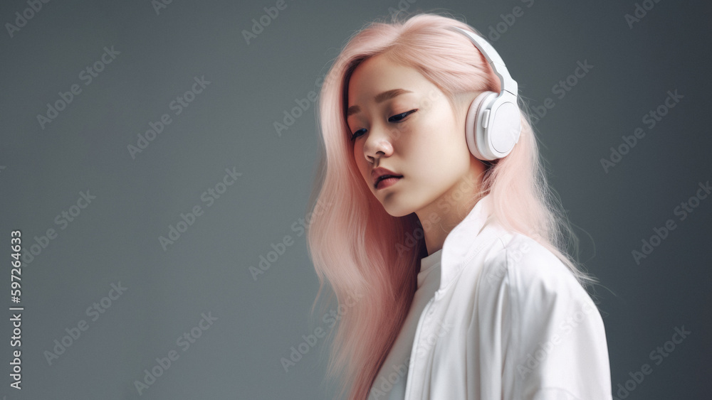 Cute albino asian girl suffering from mental health issues while she is listening to her favorite music through earphones. Generative AI Cute albino asian girl suffering from mental health issues while she is listening to her favorite music through earphones. Generative AI