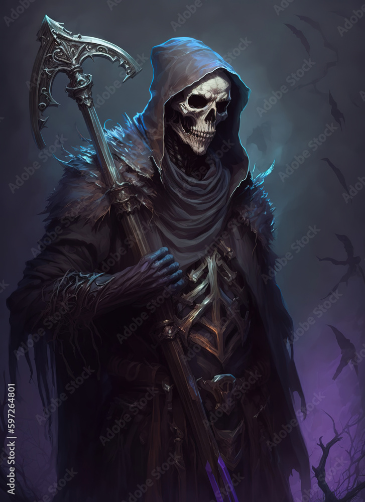a painting of a skeleton with a scythe, portrait of grim reaper, dark fantasy a painting of a skeleton with a scythe, portrait of grim reaper, dark fantasy