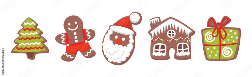 Gingerbread Cookie Figures with Sugar Glaze Vector Set Gingerbread Cookie Figures with Sugar Glaze Vector Set