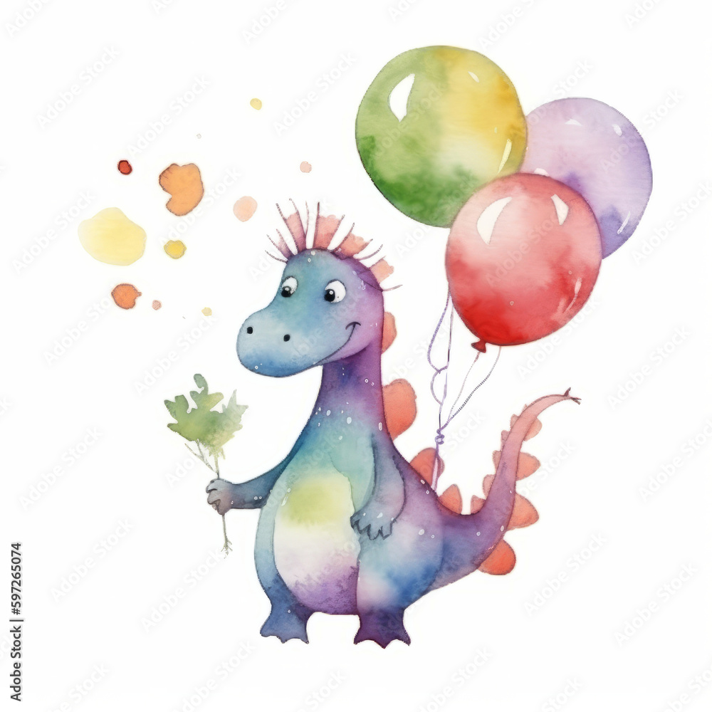 Naklejka premium Cute watercolor Birthday Dino. Illustration AI Generative.