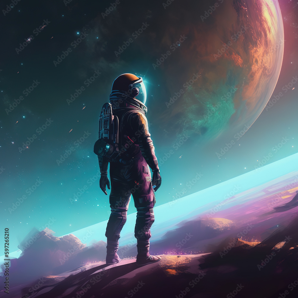 painting of a space explorer in a galaxy far, art illustration painting of a space explorer in a galaxy far, art illustration