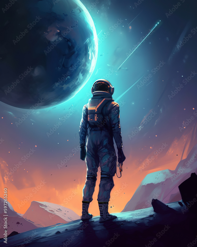 painting of a space explorer in a galaxy far, art illustration 