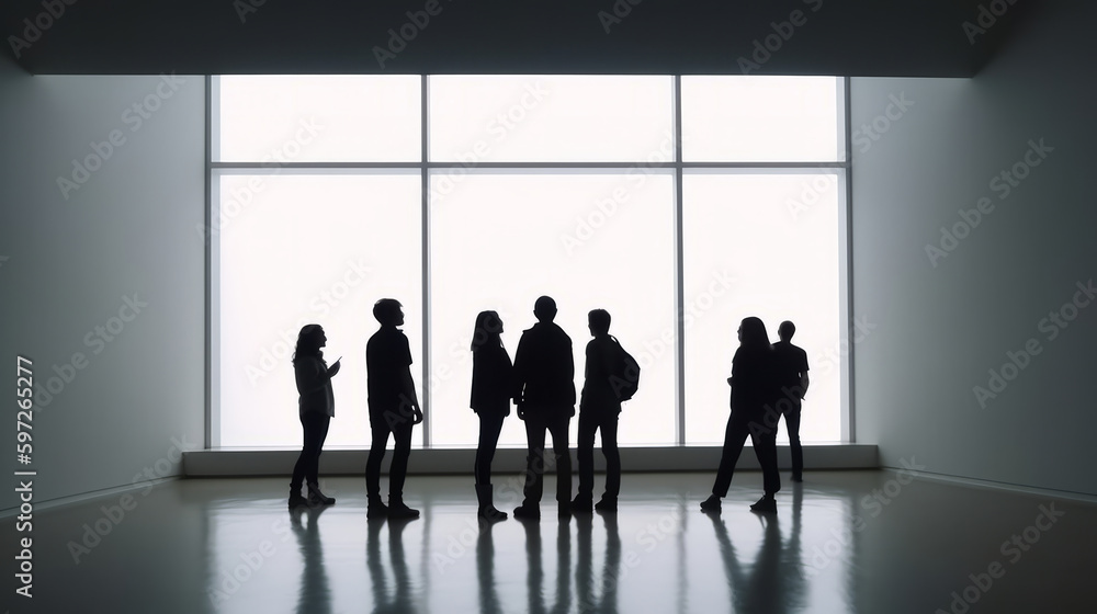 Peoples Silhouettes Looking on the Empty Frame in Art Gallery Illustration AI Generative. Peoples Silhouettes Looking on the Empty Frame in Art Gallery Illustration AI Generative.