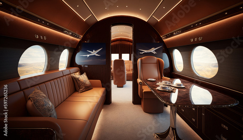 Interior of luxurious private jet with leather seats Illustration AI Generative.