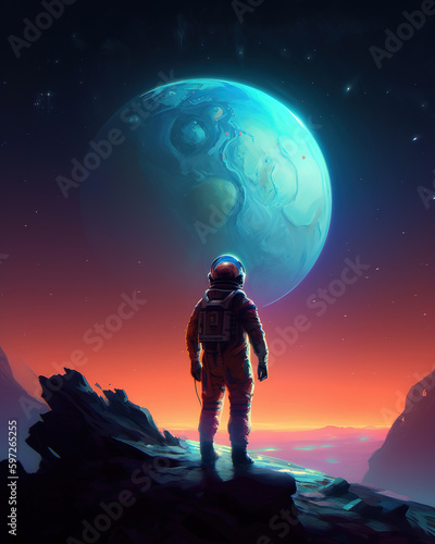 painting of a space explorer in a galaxy far  art illustration 