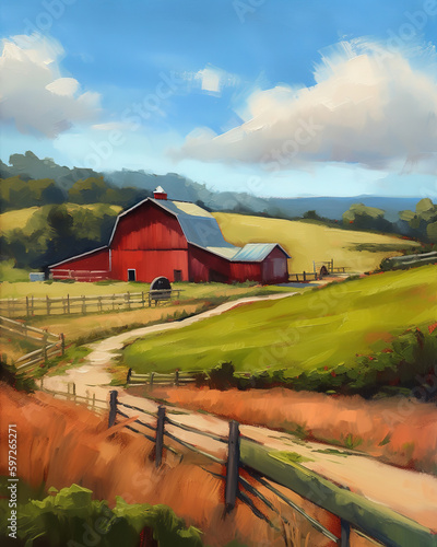quaint countryside scene with a red barn, rolling hills, and a clear blue sky. Oil painting style ai
