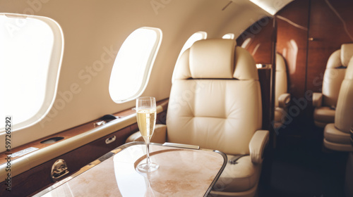 Interior of luxurious private jet with leather seats Illustration AI Generative.