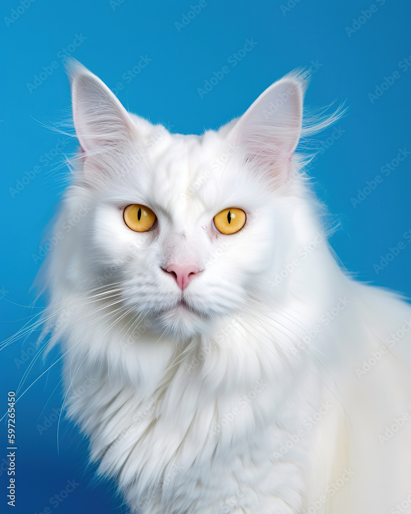white cat with yellow eyes on a blue background, portrait, maine coon, generative ai