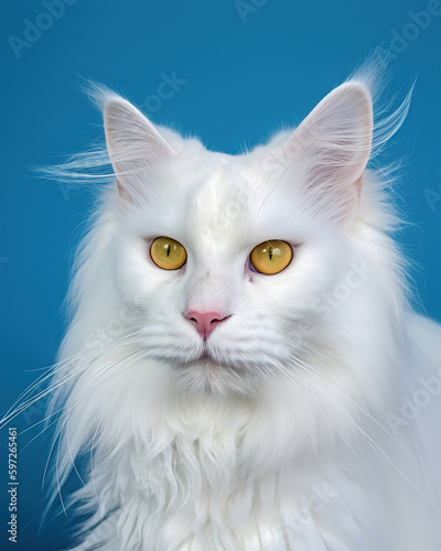 white cat with yellow eyes on a blue background, portrait, maine coon, generative ai