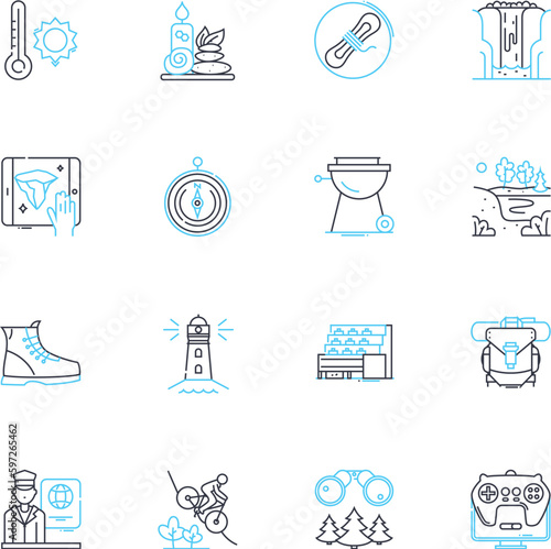 Tour weekend linear icons set. Explore, Adventure, Getaway, Excursion, Travel, Leisure, Experience line vector and concept signs. Trip,Journey,Relaxation outline illustrations Generative AI