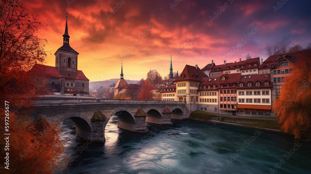 Incredible vivid cityscape. Scenic view Historical Old Town of Bern city with colorful sky, view on bridge over Aare river and church tower during dramatic sunset. Bern. Switzerland. Generative ai