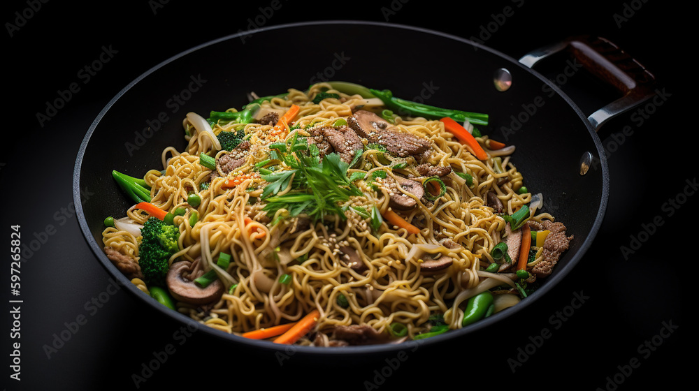 Stir fry noodles with vegetables and beef in black bowl. Slate background. Copy space. generative ai Stir fry noodles with vegetables and beef in black bowl. Slate background. Copy space. generative ai