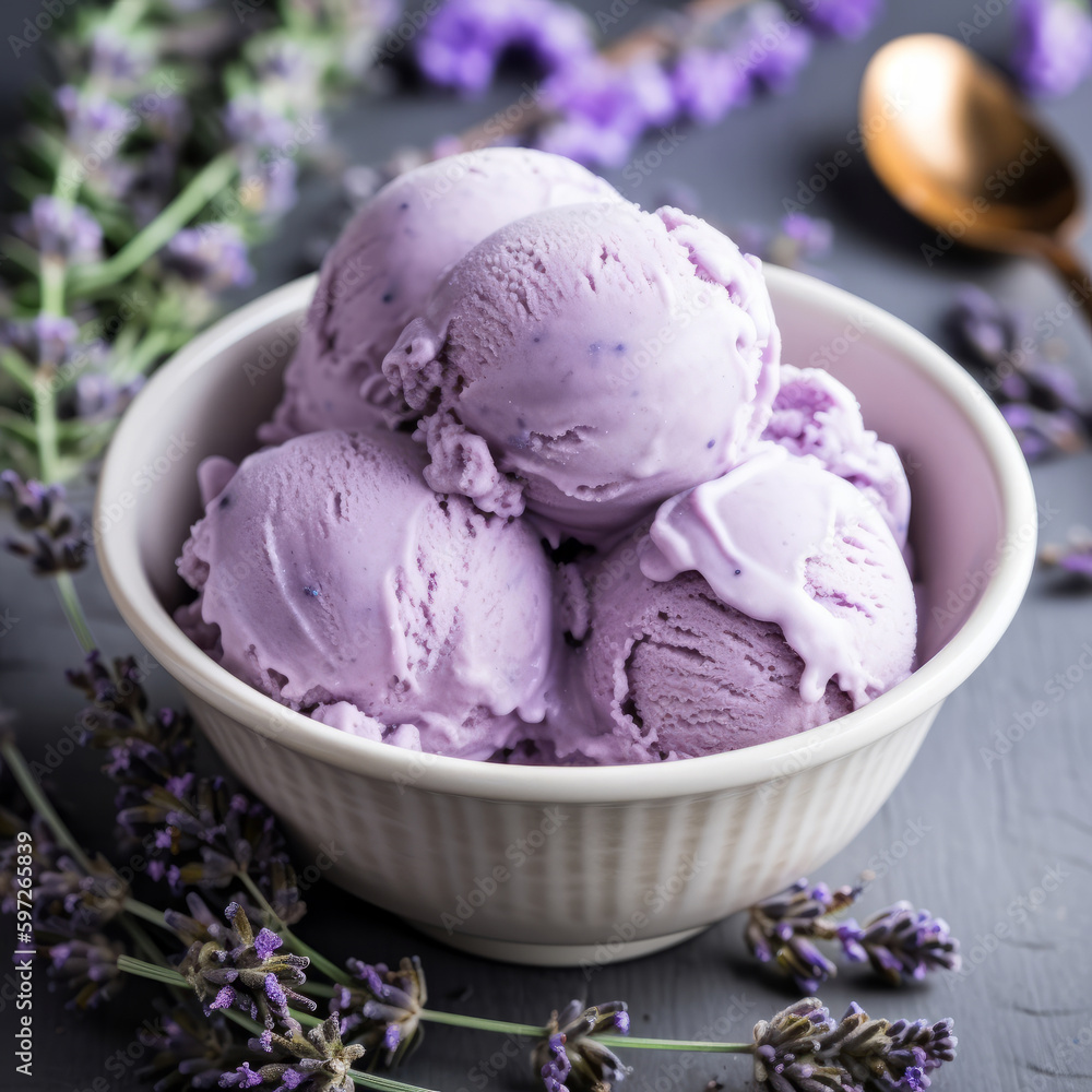 Lavender ice cream. Illustration AI Generative. Lavender ice cream. Illustration AI Generative.