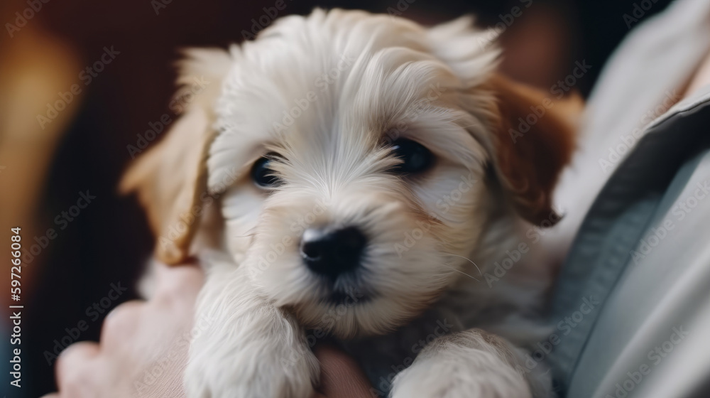 Cute little puppy on hands. Illustration AI Generative. Cute little puppy on hands. Illustration AI Generative.