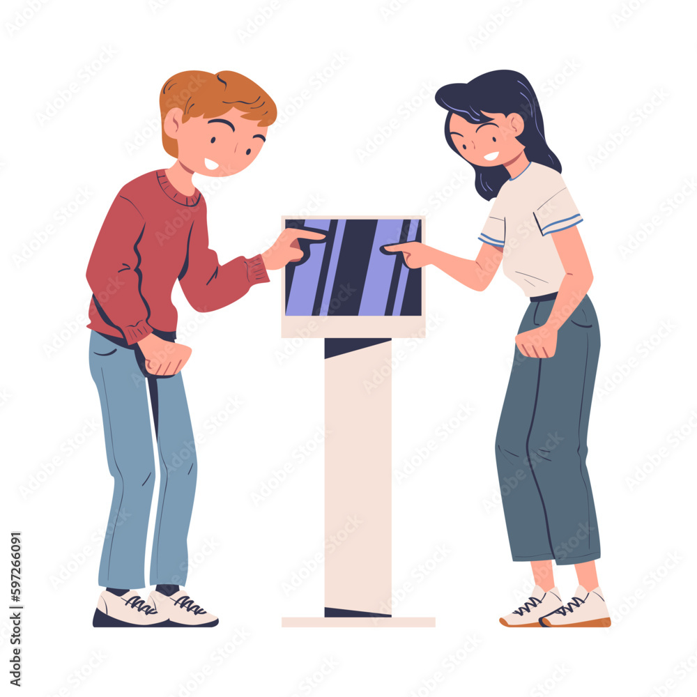Man and Woman Character Using Information Board with Interactive Interface Vector Illustration Man and Woman Character Using Information Board with Interactive Interface Vector Illustration