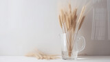 Mug and transparent vase with dry spikelets. Illustration AI Generative