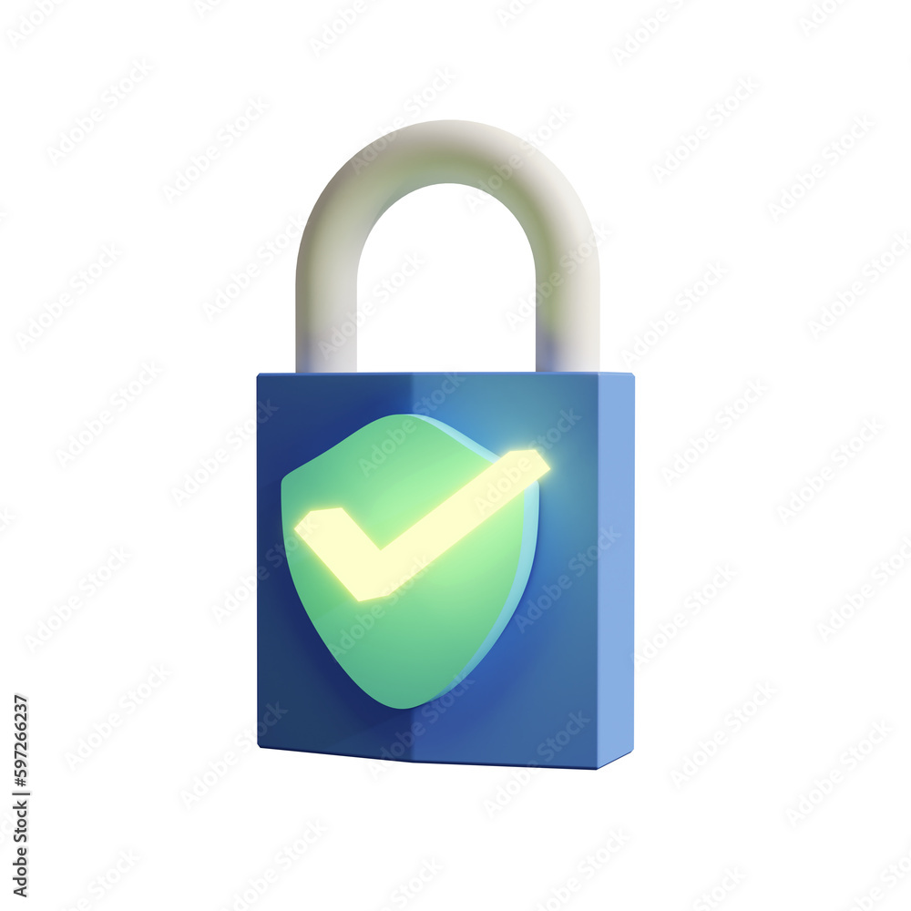 3D Rendered Padlock Icon with Shield and Glowing Check Mark for Security or Protection Theme 3D Rendered Padlock Icon with Shield and Glowing Check Mark for Security or Protection Theme