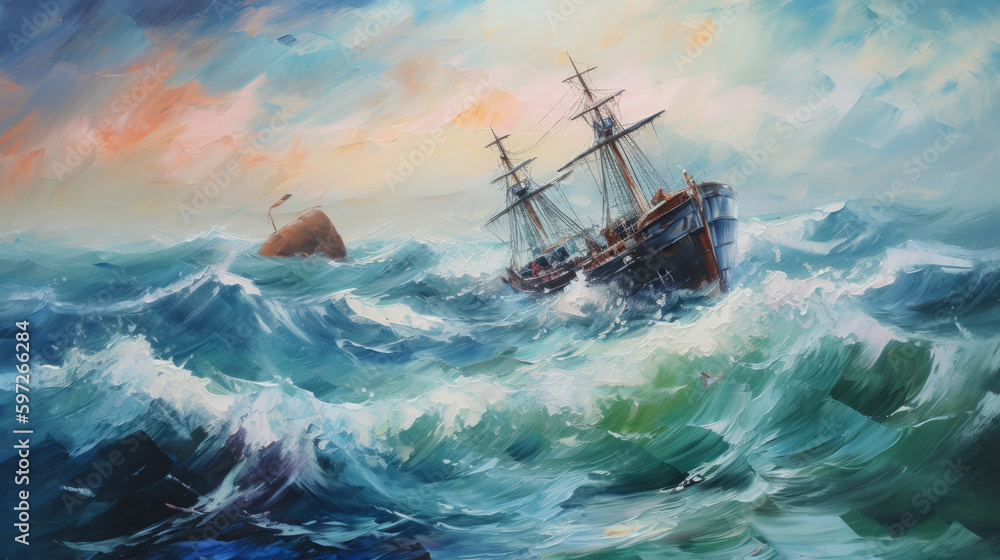 Impressionist painting,sea, ship, storm, big wave Illustration AI Generative.