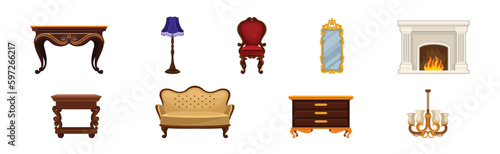 Vintage Furniture with Carved Wooden Items Vector Set